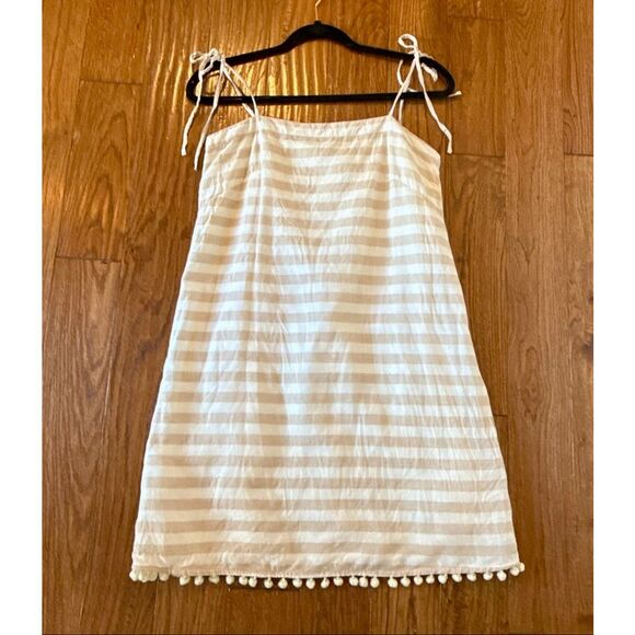 J.Crew beige striped Pom trim linen tie shoulder dress size xs - Picture 4 of 12